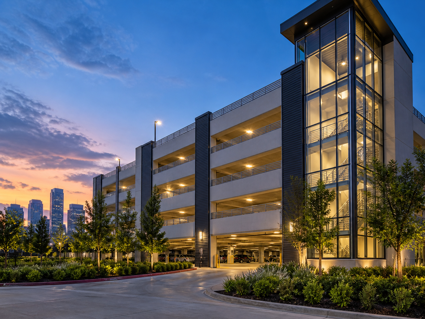 Contemporary multi-level parking garage at dusk
