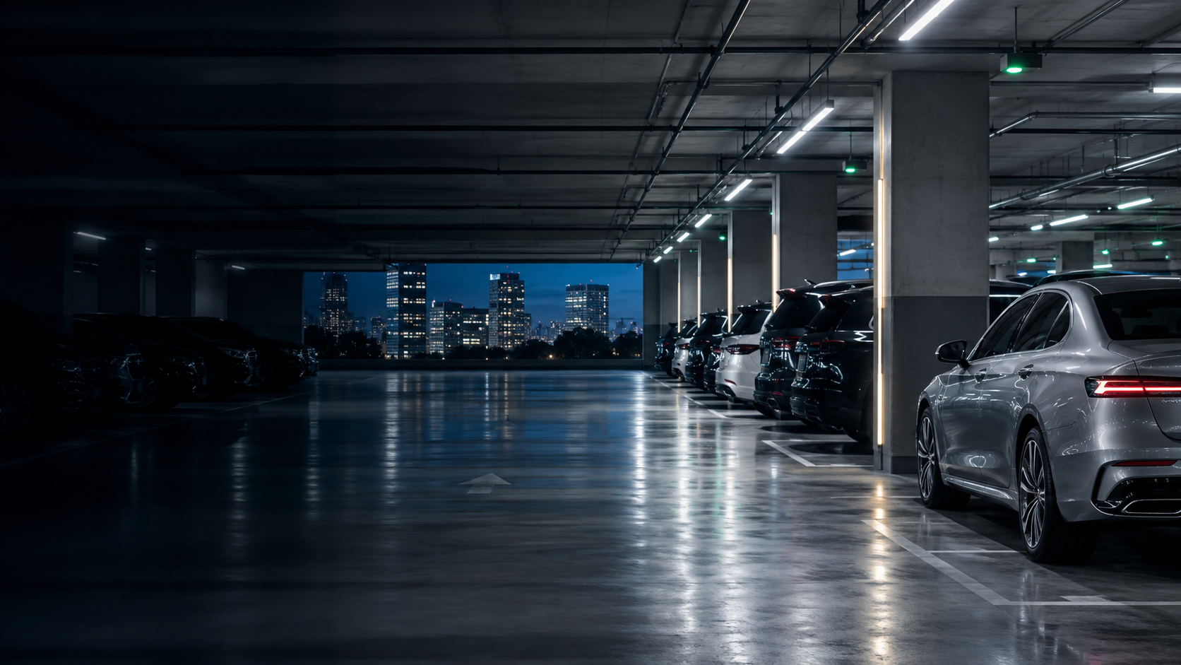 Covered parking garage at night
